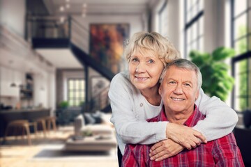 Senior couple hug in living room, AI generated image