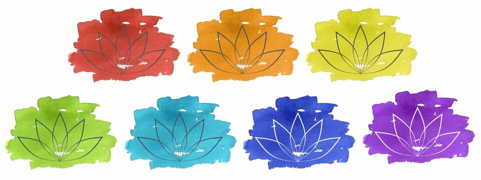 Image of a stylized lotus on watercolor stains. Chakra colors. Muladhara, swadhisthana, manipura, anahata, vishuddha, ajna and sahasrara. Hand drawn illustration isolated on white background.