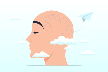 Human head with brain line as imagination to launch paper airplane into the cloud,creative mindset, intelligence emotional or passion to be success, thinking for solution for business problem (Vector)