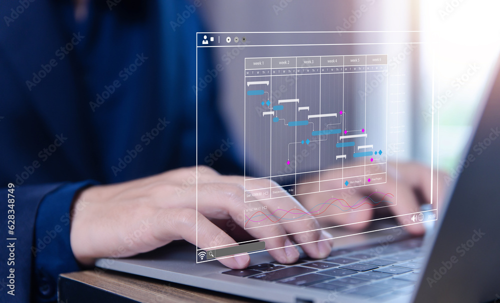 Poster business manager managing business planning project schedules in the office. gantt chart showing on 