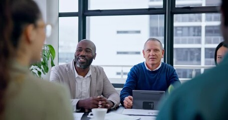 Business people, collaboration and meeting in office with company team and smile. Teamwork, staff and corporate group with client management and working at job desk with communication and working