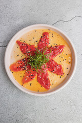 Carpacho de sandia, vegano, vegetariano a base de plnatas