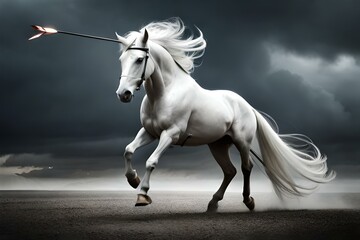Obraz na płótnie Canvas white horse running in the field with black cloudy weather, by Generative Ai technology