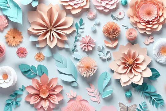 3d render, abstract cut paper flowers isolated on white, botanical background, festive floral arrangement. Rose, daisy, dahlia, butterfly and leaves in pastel color palette. Simple modern wall decor