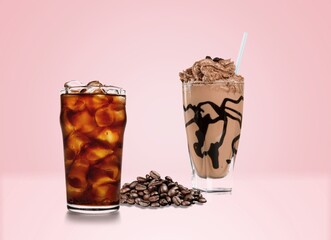 Ice coffee in a glass with cream and aroma beans.