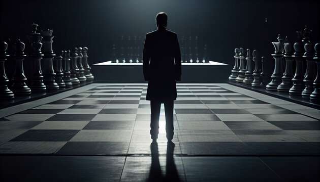 Businessman standing on chess board , Strategic thinking Considering, Ai generated image