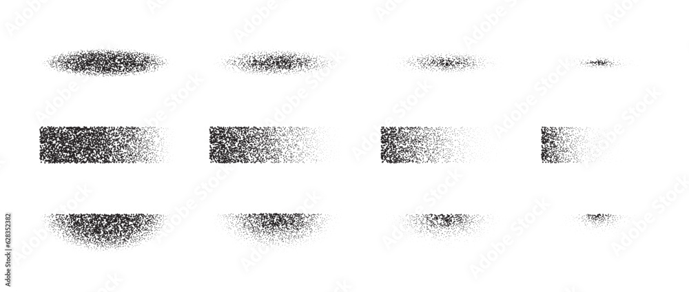 Aufkleber Set of textured gradient shadow shapes. Fading stippled shade design elements collection. Black vintage dotted stencil effect. Halftone noise grain forms pack. Vector illustration bundle 