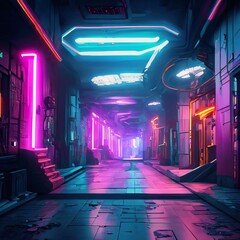 an abstract 3D alleyway with a cyberpunk-inspired atmosphere and neon lights
