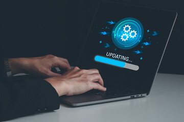 Operating system upgrade concept, installation app and software update process, modernize user equipment, update modern functions, developer released new version Improved security. User is downloading