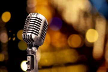 Metal microphone on bar blurred background