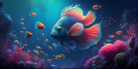 Fototapeta na wymiar Fantasy underwater seascape with colorful fish Ai generated image
