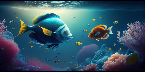Fantasy underwater seascape with colorful fish Ai generated image