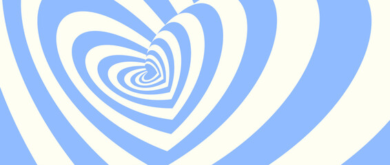 Abstract hypnotic tunnel heart background. Light blue and cream optical illusion pattern. Twisted heart-shaped op art design for poster, banner, template. Vector horizontal illustration wallpaper