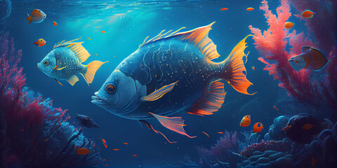 Fantasy underwater seascape with colorful fish Ai generated image