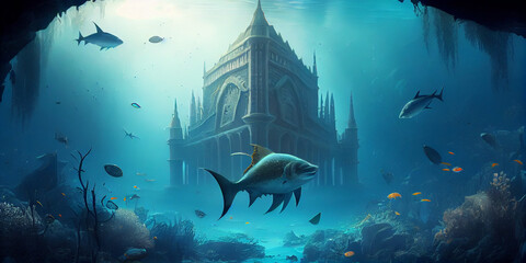 Fantasy underwater seascape with lost city and fish Ai generated image - obrazy, fototapety, plakaty