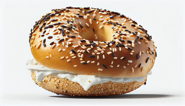 Freshly toasted sesame or everything bagel with cream cheese, breakfast concept, isolated, Ai generated image