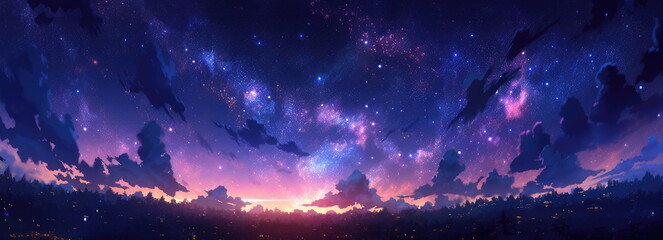 Late dusk with beautiful pink purplish heavenly sky. Sunset beneath the clouds abstract illustration. Extra wide format. Hope, divine, heavens concept. Hand edited generative AI. 