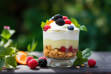 Fruit dessert with whipped cream and granola in a glass on green leaves background