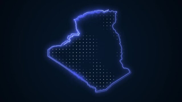 Neon Blue Algeria Map Borders Outline Loop Background. Neon Blue Colored Algeria Map Borders Outline Seamless Loop Dark Background. Algeria Neon Map Borders Outline.