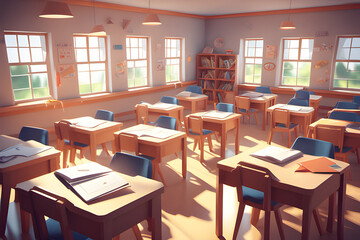 an empty classroom with a warm atmosphere. Generative AI