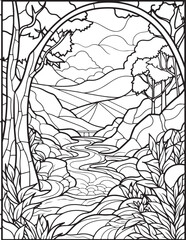 Forest landscape coloring page. Forest coloring book pages. Landscape vector black and white line art sketch drawing.  Forest coloring pages for adults. Hand drawn floral background illustration.