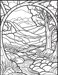 Forest landscape coloring page. Forest coloring book pages. Landscape vector black and white line art sketch drawing.  Forest coloring pages for adults. Hand drawn floral background illustration.