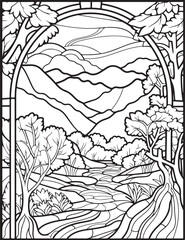 Forest landscape coloring page. Forest coloring book pages. Landscape vector black and white line art sketch drawing.  Forest coloring pages for adults. Hand drawn floral background illustration.