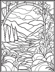 Forest landscape coloring page. Forest coloring book pages. Landscape vector black and white line art sketch drawing.  Forest coloring pages for adults. Hand drawn floral background illustration.