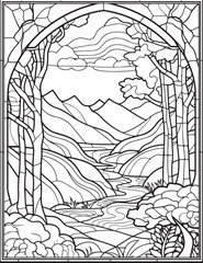 Forest landscape coloring page. Forest coloring book pages. Landscape vector black and white line art sketch drawing.  Forest coloring pages for adults. Hand drawn floral background illustration.