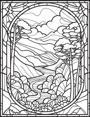 Forest landscape coloring page. Forest coloring book pages. Landscape vector black and white line art sketch drawing.  Forest coloring pages for adults. Hand drawn floral background illustration.