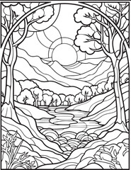Forest landscape coloring page. Forest coloring book pages. Landscape vector black and white line art sketch drawing.  Forest coloring pages for adults. Hand drawn floral background illustration.