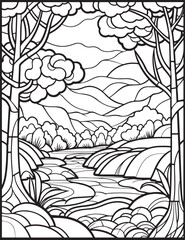 Forest landscape coloring page. Forest coloring book pages. Landscape vector black and white line art sketch drawing.  Forest coloring pages for adults. Hand drawn floral background illustration.