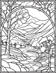 Forest landscape coloring page. Forest coloring book pages. Landscape vector black and white line art sketch drawing.  Forest coloring pages for adults. Hand drawn floral background illustration.