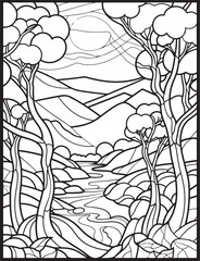 Forest landscape coloring page. Forest coloring book pages. Landscape vector black and white line art sketch drawing.  Forest coloring pages for adults. Hand drawn floral background illustration.