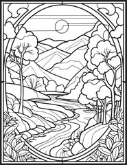 Forest landscape coloring page. Forest coloring book pages. Landscape vector black and white line art sketch drawing.  Forest coloring pages for adults. Hand drawn floral background illustration.