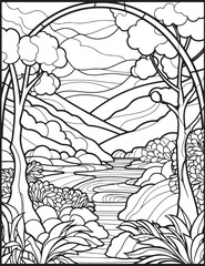 Forest landscape coloring page. Forest coloring book pages. Landscape vector black and white line art sketch drawing.  Forest coloring pages for adults. Hand drawn floral background illustration.