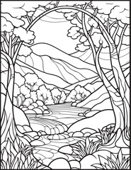 Forest landscape coloring page. Forest coloring book pages. Landscape vector black and white line art sketch drawing.  Forest coloring pages for adults. Hand drawn floral background illustration.