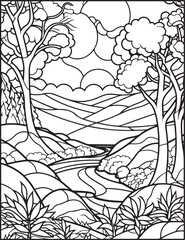 Forest landscape coloring page. Forest coloring book pages. Landscape vector black and white line art sketch drawing.  Forest coloring pages for adults. Hand drawn floral background illustration.