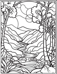 Forest landscape coloring page. Forest coloring book pages. Landscape vector black and white line art sketch drawing.  Forest coloring pages for adults. Hand drawn floral background illustration.