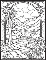 Forest landscape coloring page. Forest coloring book pages. Landscape vector black and white line art sketch drawing.  Forest coloring pages for adults. Hand drawn floral background illustration.