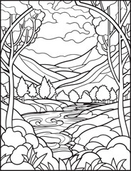 Forest landscape coloring page. Forest coloring book pages. Landscape vector black and white line art sketch drawing.  Forest coloring pages for adults. Hand drawn floral background illustration.