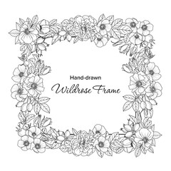 Vector Floral Frame, Wildrose Vector, Vector Flower Borders, Hand Drawn Wild Rose Clip Art, Flower Doodle, Botanical Floral Doodle, Floral Border for Decoration, Wedding, Branding