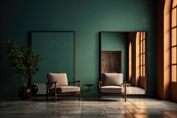 Emerald green and beige luxury living room with mirror and two armchairs, Generative AI