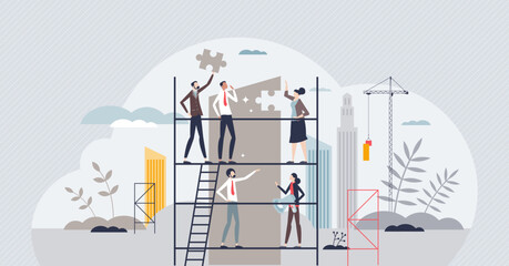 Change management and business transformation process tiny person concept. Company evolution with teamwork and effective problem solving vector illustration. Improvement, development and progress. - obrazy, fototapety, plakaty