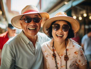 Portrait of a mature couple enjoying baclpacking travel on vacation in Asia.