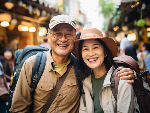 Portrait of a mature couple enjoying baclpacking travel on vacation in Asia.