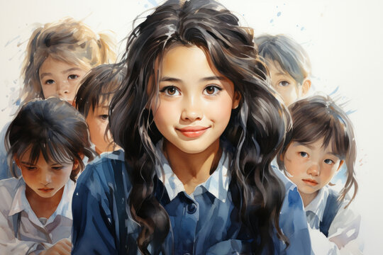 Watercolor illustration of a cute black-haired girl in a school uniform sitting in a classroom