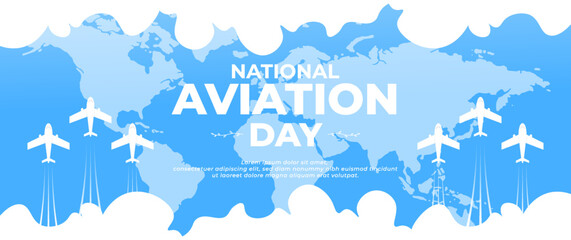 blue national aviation day banner with airplane,cloud and world map elements