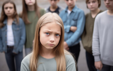 Sad child surrounded by bullies.