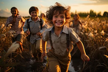 Foto op Canvas portrait of rural kids, happy face, running towards the camera, paddy field, Back lighting, golden hour, dusk, smile, buffalo, bokeh, beautiful paddy field landscape.generative ai © JKLoma